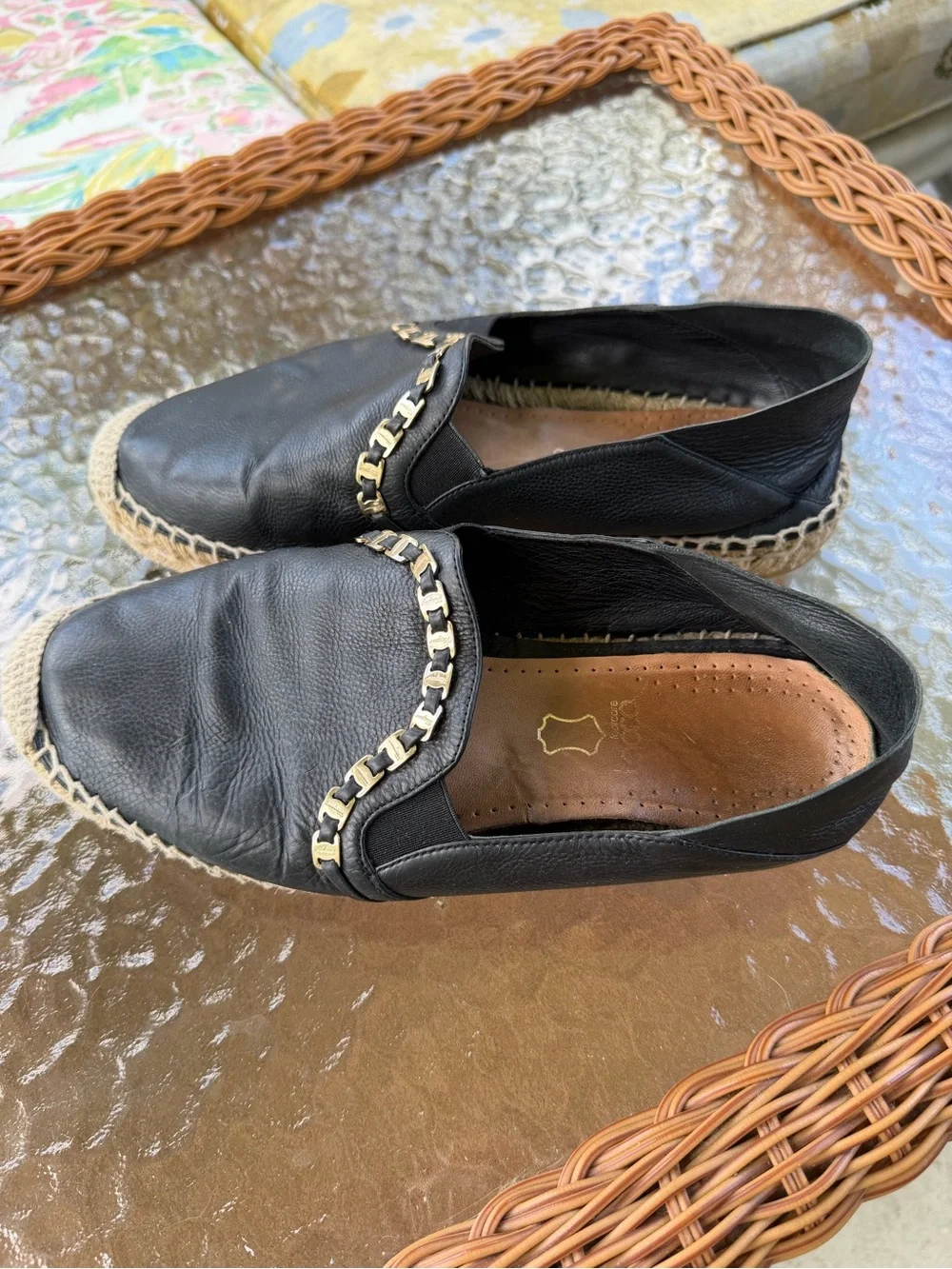 Salvatore Ferragamo Leather Chain Espadrilles 7.5C Wide Black